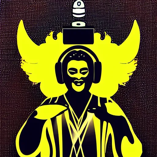 Prompt: svg vector sticker of absolutely divine-deity-angel, rocking out, wearing headphones, huge speakers, dancing, rave, DJ, spinning records, digital art, amazing composition, rule-of-thirds, award-winning, trending on artstation, featured on deviantart