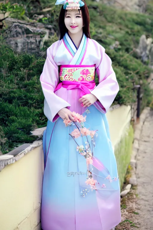 Image similar to pretty korean woman wearing beatiful hanbok, bright pastel colors