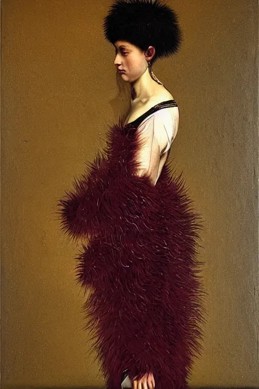 Prompt: a transparent dress made of feather, burgundy fur and golden chains by Caravaggio, oil painting, thin paint, hyper detailed, crisp lines