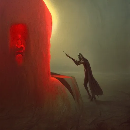 Image similar to a ray traced painting of a necromancer casting an evil spell, fantasy art, 4k, HDR, photorealistic, 8k by zdzisław beksiński