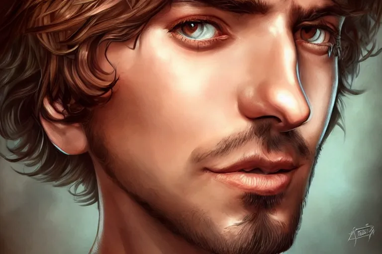 Prompt: a handsome frenchman portrait, character, stunning closeupheadshot, stunning hazel eyes, in the style of artgerm, wlop, alexis