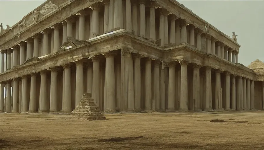 Prompt: 2 0 1 0 s movie still of a neoclassical palace with pyramids, by piranesi, high quality, high detailed, rain