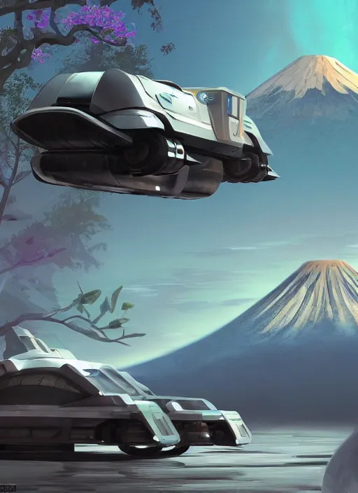Image similar to a futuristic magical solarpunk alternate universe version of tesla cyber truck vehicle hover craft in the future of 2 0 8 9 futuristic version, dieselpunk look, intricate modular automotive parts shape, aero dynamic, digital art. trending on art station. cyberpunk look hovering by mount fuji early in the morning with a few blossom trees around, high quality photo