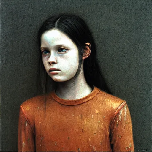Prompt: portrait of 13 years old girl, painting by Beksinski