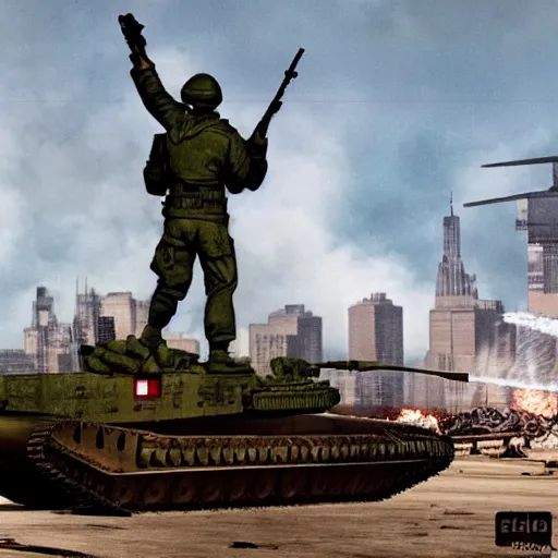 Image similar to The war between the Soviet Union and America, the action takes place in New York, far away against the background of the Statue of Liberty, a lot of soldiers and military equipment, a lot of explosions and tracer bullets, a lot of ruins, a very epic battle, The style of photography of the 80s, very detailed and detailed style