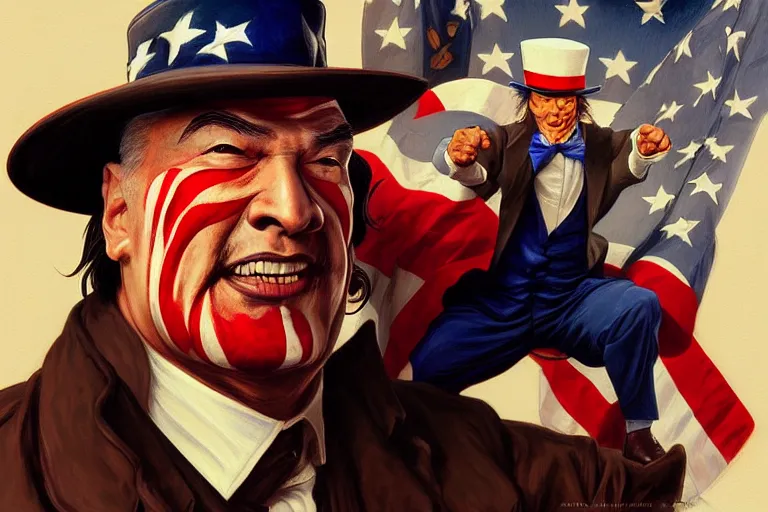 Image similar to painting of uncle sam punching steven seagal, coherent, intricate, elegant, highly detailed, digital painting, artstation, concept art, smooth, sharp focus, illustration, art by artgerm and greg rutkowski and alphonse mucha