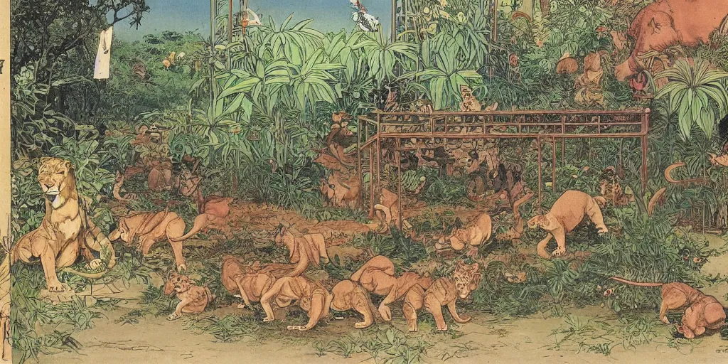 Image similar to 1 9 th century vivarium, detailed zoo environment with lions and birds by moebius and mohrbacher, japanese childrens book