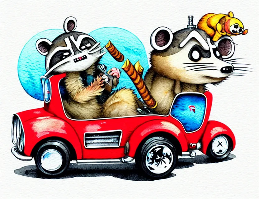 Prompt: cute and funny,'racoon smoking a cigar'riding in a tiny hot rod with oversized engine, ratfink style by ed roth, centered award winning watercolor pen illustration, isometric illustration by chihiro iwasaki, edited by range murata, tiny details by artgerm and watercolor girl, symmetrically isometrically centered