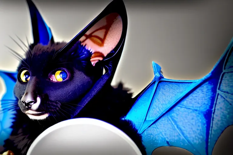 Image similar to a blue - and - black male catbat fursona with blue / green heterochromatic eyes and huge bat ears, photo of the catbat streaming on his computer
