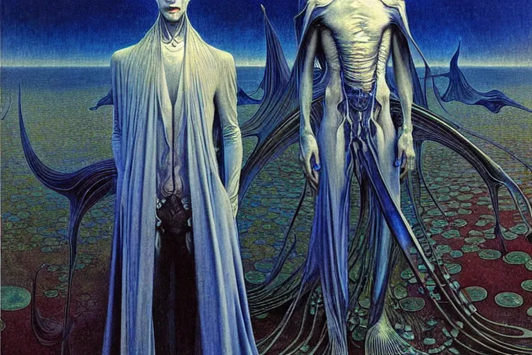 Image similar to realistic extremely detailed portrait painting of an elegantly creepy vampire man in cape, futuristic sci-fi landscape on background by Jean Delville, Amano, Yves Tanguy, Alphonse Mucha, Ernst Haeckel, Edward Robert Hughes, Roger Dean, rich moody colours, blue eyes