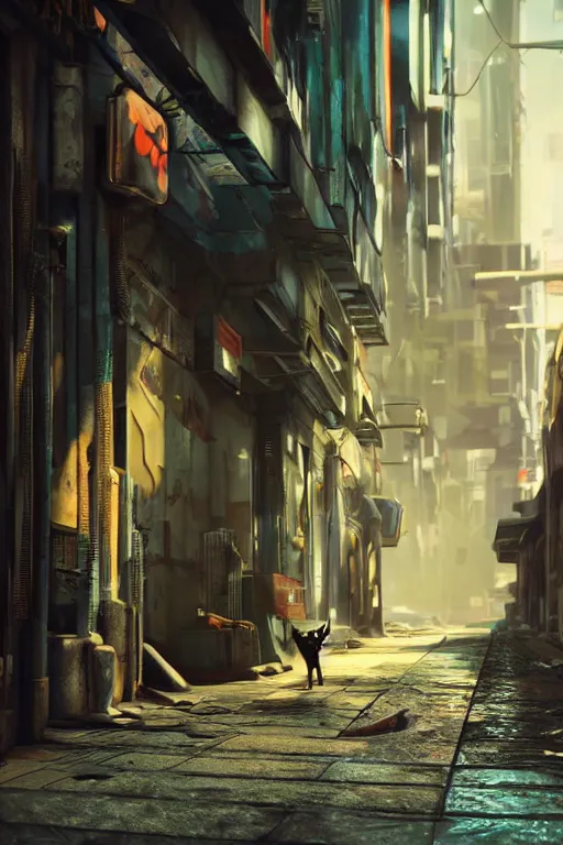 Image similar to stray cat walking through the alleys of a cyberpunk city, realistic, cinematic, ambient, unreal engine