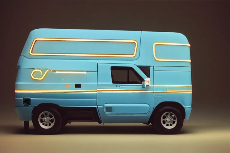 Image similar to designed by giorgetto giugiaro stylized poser of a single 1 9 8 8 honda kei truck, thick neon lights, ektachrome photograph, volumetric lighting, f 8 aperture, cinematic eastman 5 3 8 4 film