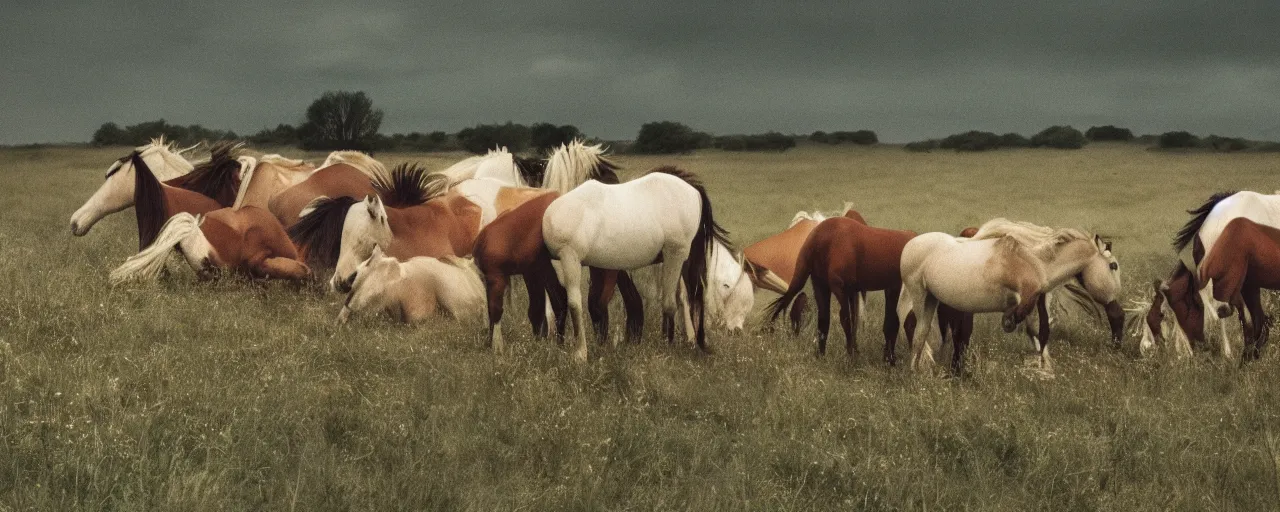 Image similar to wild horses sleeping on top of spaghetti, in a field, in the style of national geographic, canon 5 0 mm, film, kodachrome, retro, muted