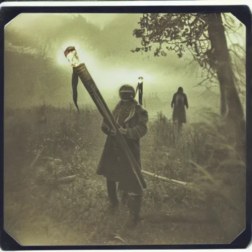 Image similar to old polaroid depicting cultists with torches, at a clearing, at dusk, green tentacles everywhere