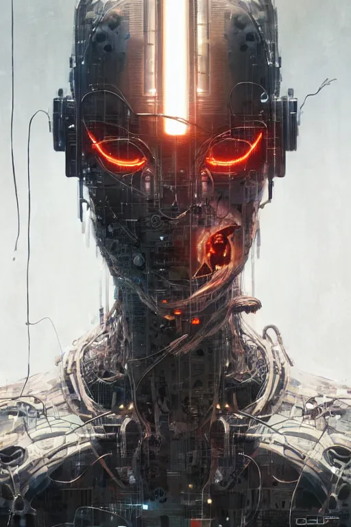 Image similar to cyborg removing its human mask revealing wires and gears behind its fragile looking face, white mask, futuristic, y2k aesthetic, dramatic lighting, illustration by Greg rutkowski, yoji shinkawa, 4k, digital art, concept art, trending on artstation