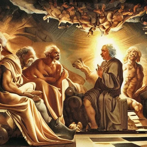 Prompt: Einstein talking with Thor and Prometheus about nuclear physics, in the style of the cistine chapel by Michelangelo