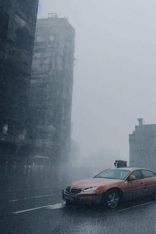 Prompt: Photo of a man sitting on the grey color car roof in the heavy rain at the city that sank , outdoor lighting, dynamic lighting, volumetric, wide angle, anamorphic lens, go pro, 4k