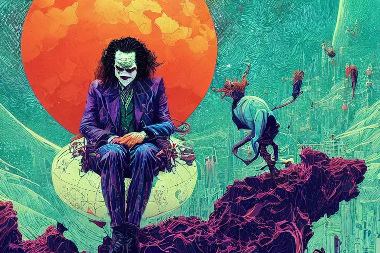 Prompt: stunning portrait of willem dafoe as the joker by victo ngai, kilian eng vibrant colors, winning - award masterpiece, fantastically gaudy, aestheticly inspired by beksinski and dan mumford, 4 k upscale with simon stalenhag work, sitting on the cosmic cloudscape