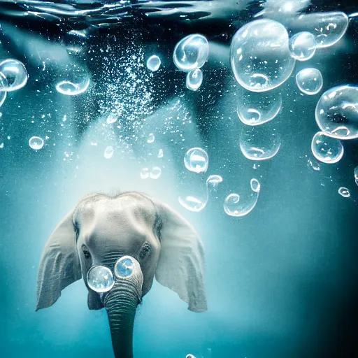 Image similar to Underwater shot of a baby elephant's head, water bubbles, particulate, extremely detailed, studio lighting