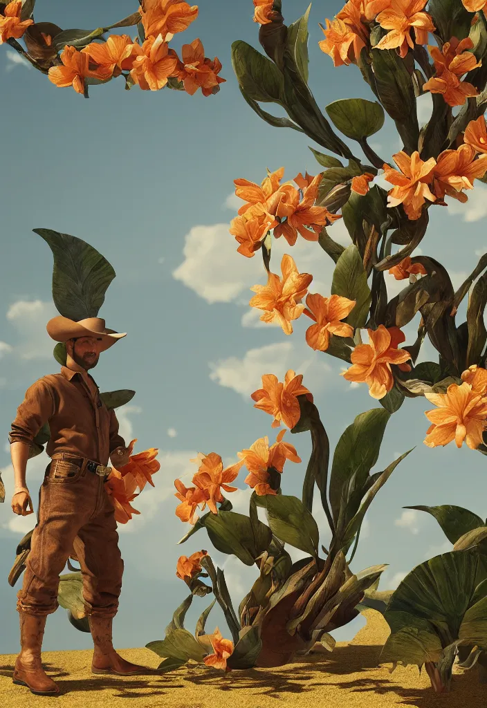 Image similar to A cowboy turning into blooms. tropical sea slugs, tractor tires. complementary colors. national geographic. 8k, rendered in octane, smooth gradients. sculpture by antonio canova