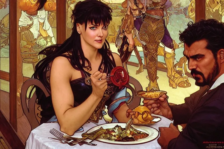 Image similar to xena warrior princess eating at a restaurant, with a hispanic man in a suit as her companion, art by artgerm and greg rutkowski and alphonse mucha