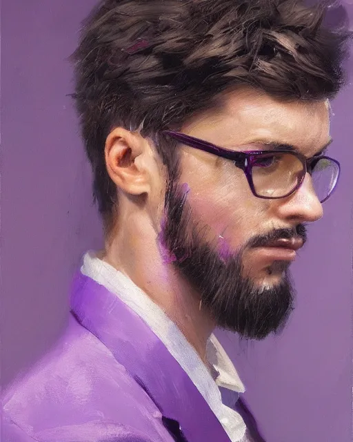 Image similar to An oil painting of a man in his twenties dressed in a purple suit, sleeked back hair, deranged face, highly realistic, highly detailed, 4k, by Greg Rutkowski, trending on artstation