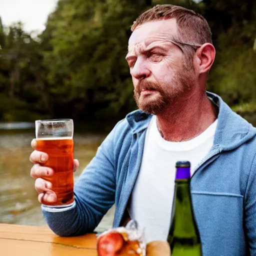 Prompt: a 4 5 years old man, depressed, drinking ginger beer