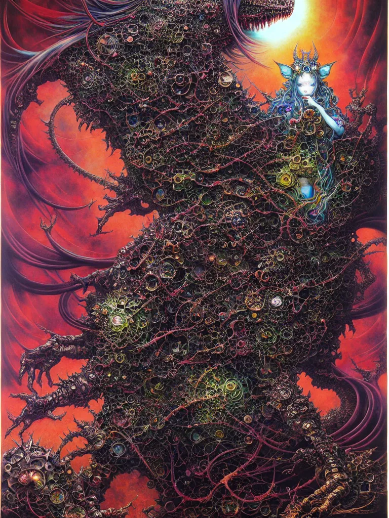 Image similar to realistic detailed image of Technological Diamond Nightmare Abomination Monster God by Ayami Kojima, Amano, Karol Bak, Lisa Frank, and Mark Brooks, Neo-Gothic, gothic, rich deep colors. Beksinski painting, part by Adrian Ghenie and Gerhard Richter. art by Takato Yamamoto. masterpiece