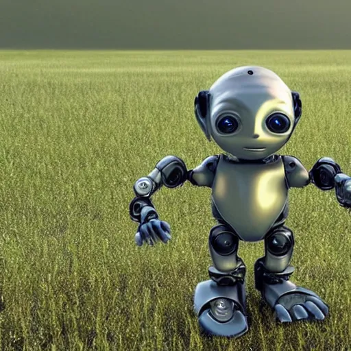 Image similar to a robot that looks like Gollum being tested in a plain field, photorealistic