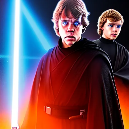 Image similar to luke skywalker and anakin skywalker standing proudly shoulder to shoulder ultra realistic, lens flare, atmosphere, glow, detailed, intricate, full of colour, cinematic lighting, trending on artstation, 4 k, hyperrealistic, focused, extreme details, unreal engine 5, cinematic, masterpiece, ultra realistic, hyper realistic, highly detailed, sharp focus, digital art