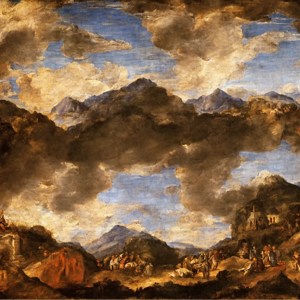 Prompt: a Titian painting of a scene inside of a on old church with a sky and mountains with clouds in the background