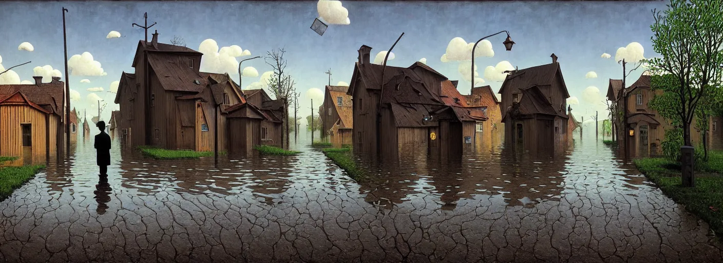 Prompt: flooded! old dark scary wooden empty cursed town street entrance, very coherent and colorful high contrast masterpiece by gediminas pranckevicius rene magritte norman rockwell franz sedlacek, full - length view, dark shadows, sunny day, hard lighting, reference sheet white background