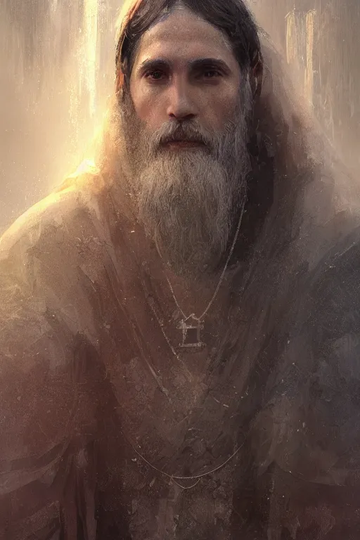 Image similar to Atlantis priest, close-up portrait, devoted, intricate, elegant, volumetric lighting, scenery, digital painting, highly detailed, artstation, sharp focus, illustration, concept art,ruan jia, steve mccurry