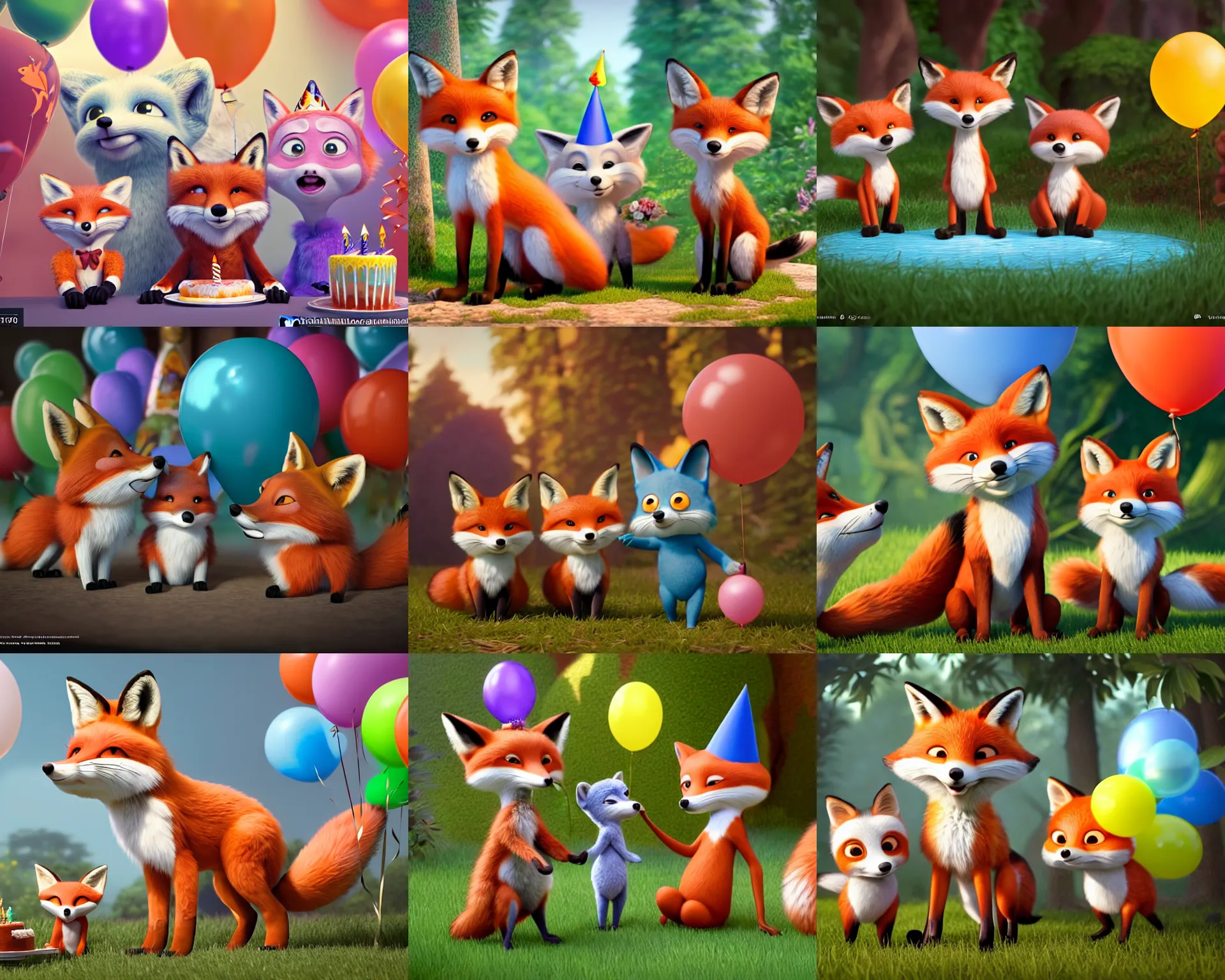 Prompt: 3 foxes of different color celebrating a birthday party with decoration, ballon and cake, rich aquarel, dynamic lighting, intricate detail, fur visible, nature background, 3d, ultra hd, character design by Mark Ryden and Pixar and Hayao Miyazaki, unreal 5, DAZ, hyperrealistic, octane render, cosplay, RPG portrait, dynamic lighting, intricate detail, summer vibrancy, cinematic