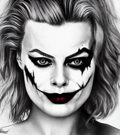 Prompt: beautiful margot robbie portrait with joker makeup, in the style of den yakovlev,, black and white realism drawing, faded outline, hyper realistic, highly detailed