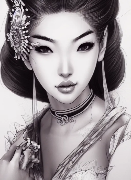 Image similar to a detailed hand drawn sketch of a stunning geisha princess, artgerm, NeoArtCorE, artstation