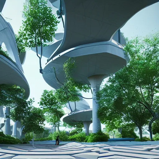 Image similar to sci fi architecture modern design, detailed, greens, blue colors, trees, people, octane render.