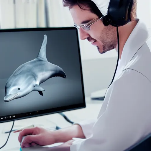 Image similar to An anthropomorphic grey dolphin in a white lab-coat playing games on a computer, digital painting, close-up, wearing a headset