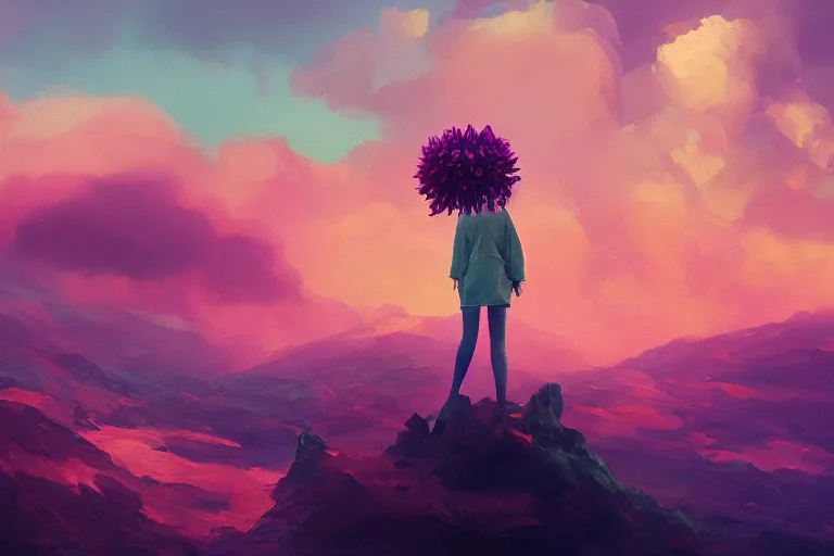 Image similar to closeup giant dahlia flower as head, girl standing on mountain, surreal photography, blue storm clouds, dramatic light, impressionist painting, digital painting, artstation, simon stalenhag