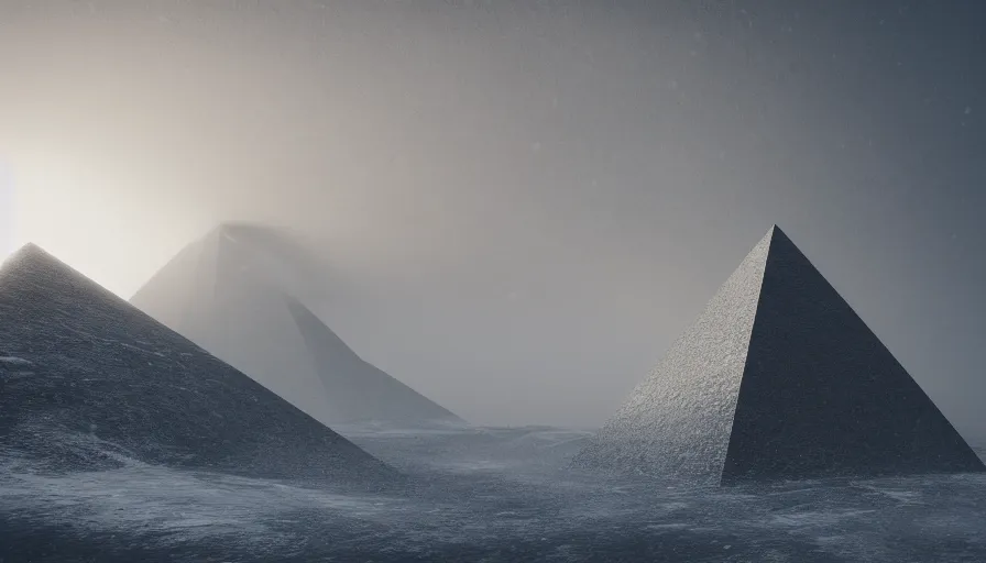 Image similar to brutalist grey pyramid in edge of artic mountains snow hills in the distance, volumetric light, storm, hyperdetailed, artstation, cgsociety, 8 k