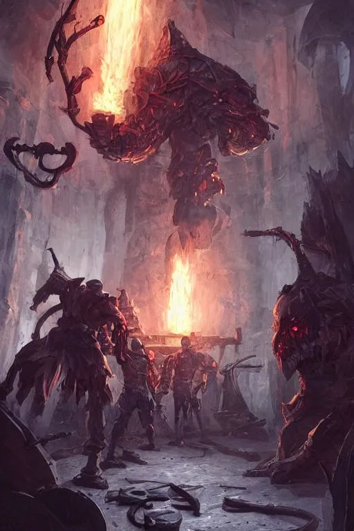 Image similar to muscular blacksmith men working inside an evil demonic forge making weapons. Hyperdetailed masterpiece concept art by Greg Rutkowski and Ross Tran. high quality DnD illustration, trending on ArtStation