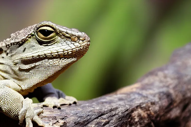 Prompt: photo of a lizard looking suspiciously at the camera with a smirk on its face, among us