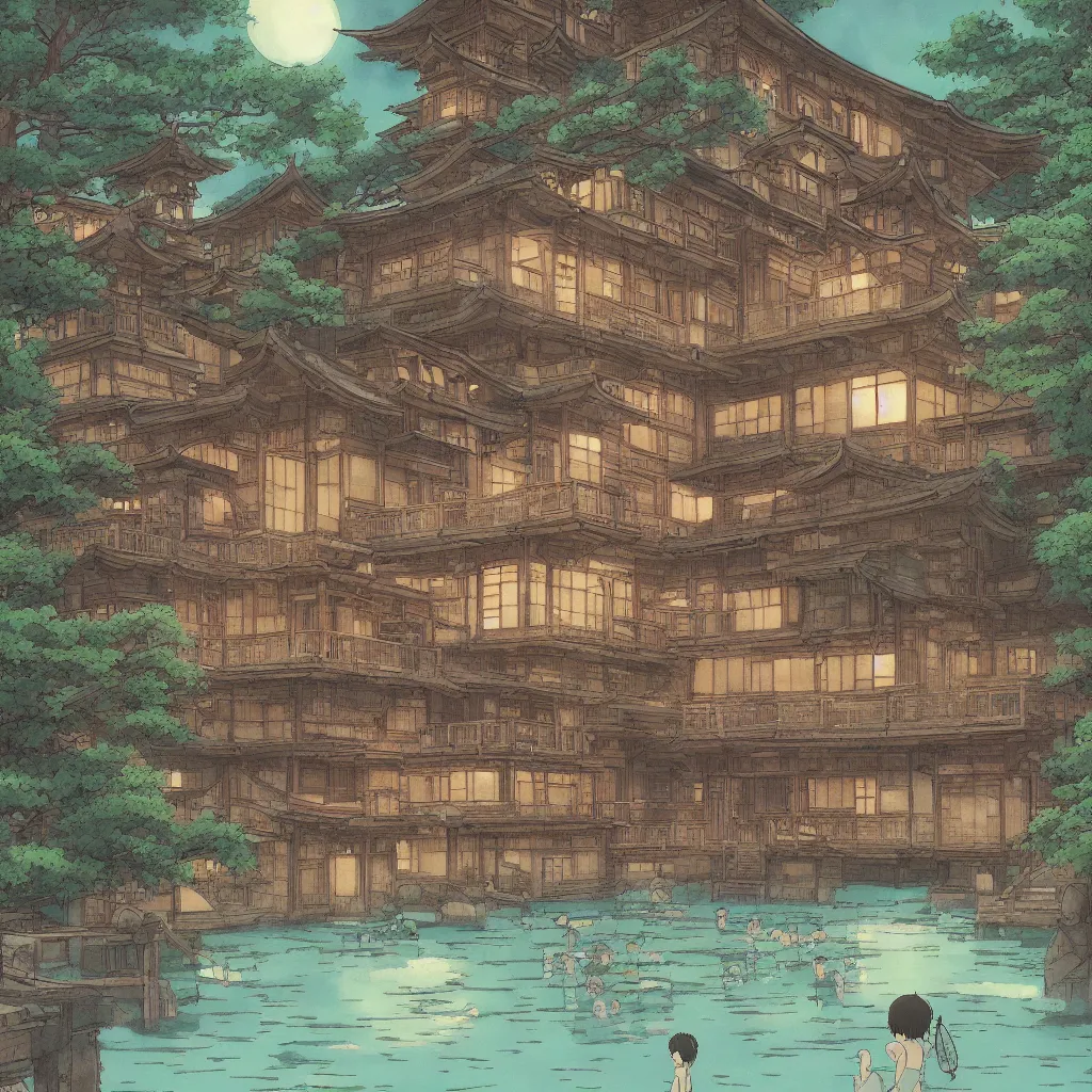 Prompt: Japanese bath house at night (Spirited Away), next to pond, highly detailed, 3D render, digital art, artstation, 8K photography, matte photo-realistic, vivid colors, perspective, by Hayao Ghibli Miyazaki!!!, breath of the wild style