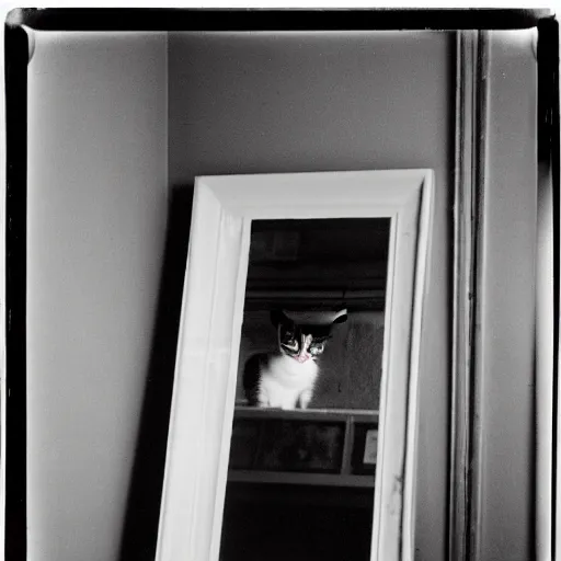 Image similar to wide-shot very low-angle eyesight photo of a mirror door with a reflection of a cat at the street in New York, polaroid photo, by Andy Warhol, signed