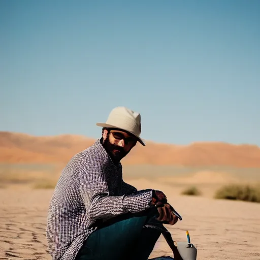 Image similar to portrait of a man wearing cameo, he ‘ s sitting in the desert eating some delicious crayons, beautiful composition, 5 0 mm f 1. 8, ambient light