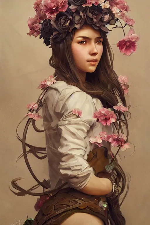 Image similar to ultra realistic illustration, spanish girl with flowers blossoming from helmet, elegant, highly detailed, digital painting, concept art, smooth, sharp focus, illustration, art by artgerm and greg rutkowski and alphonse mucha