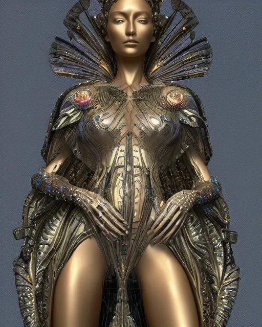 Prompt: a highly detailed metahuman 4 k close up render of an alien goddess bella hadid monument indian statue in iris van herpen dress schiaparelli in diamonds crystals swarovski and jewelry iridescent in style of alphonse mucha gustav klimt trending on artstation made in unreal engine 4