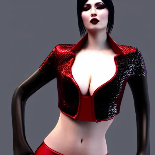 Prompt: a curvy feminine pale goth cutie with a thin waist in a regal tight red-black leather sequined outfit, cgsociety, photorealistic, sublime-comforting ambience, 16k, smooth, sharp focus, trending on ArtStation, volumetric lighting, fully clothed, worksafe