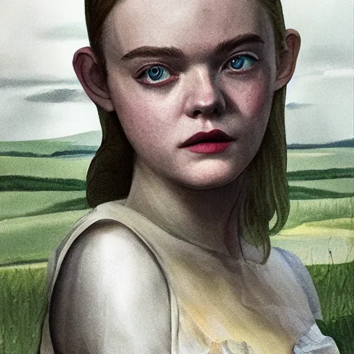 Prompt: Elle Fanning in the painted world of Resident Evil, head and shoulders masterpiece, apocalypse, golden hour, cosmic horror, artstation, in the style of Andrew Wyeth and Edward Hopper and Bosch, extremely detailed
