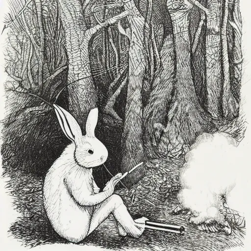 Image similar to a pen and ink drawing of a white rabbit smoking a smokey cigarette while reclining in a deep dark tangled forest, childrens book illustration, by edward gorey, by gustav dore